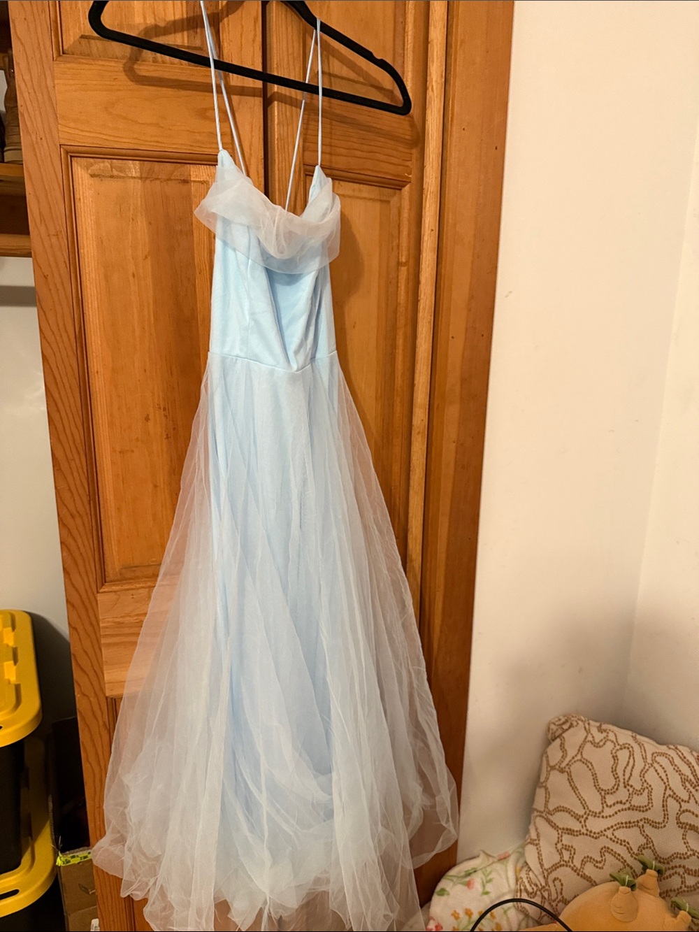 Light Blue Midi Tulle Dress with Sheer Ruffled Neckline